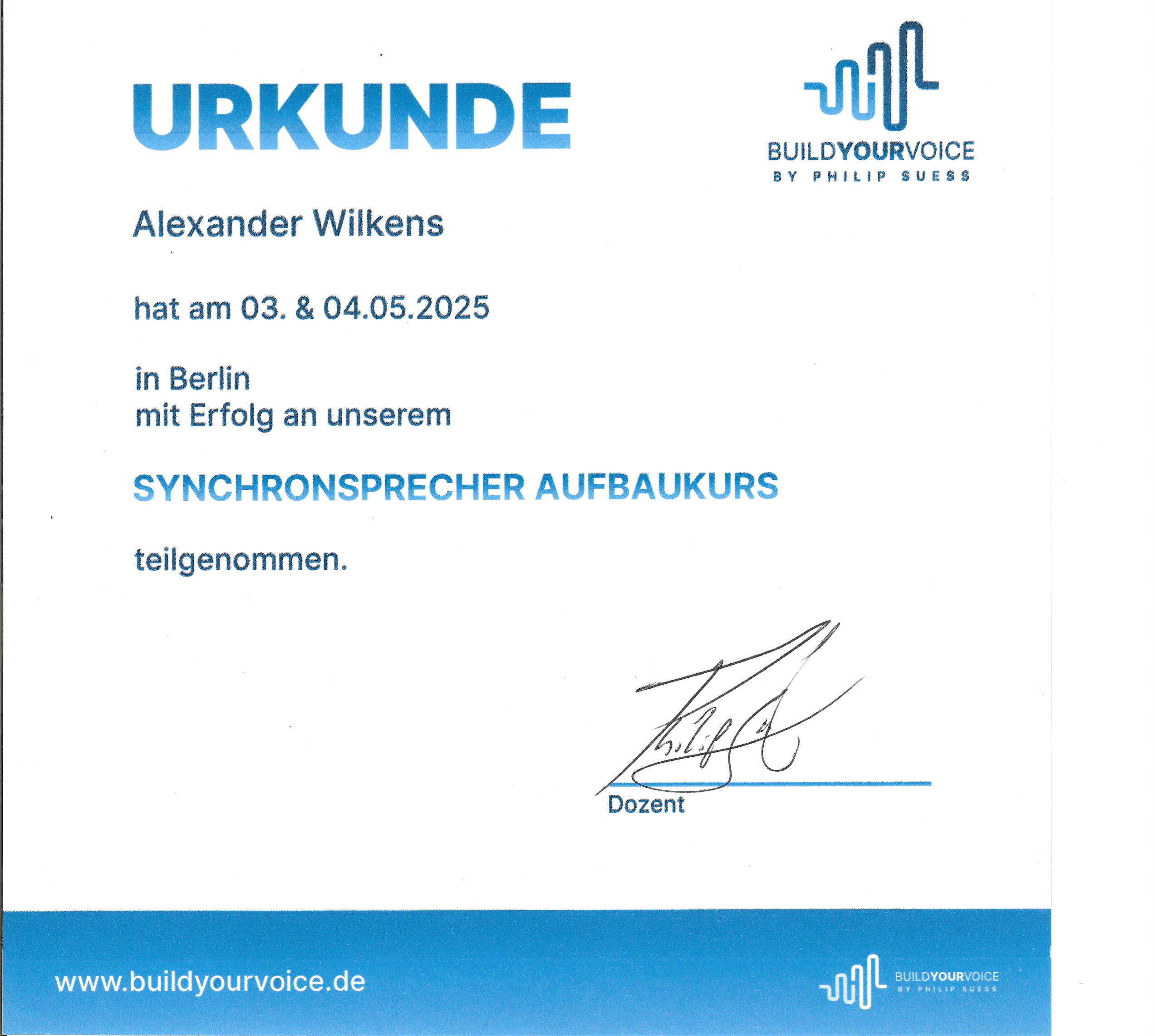 Synchronsprecher Aufbaukurs Zertifikat Alexander Wilkens