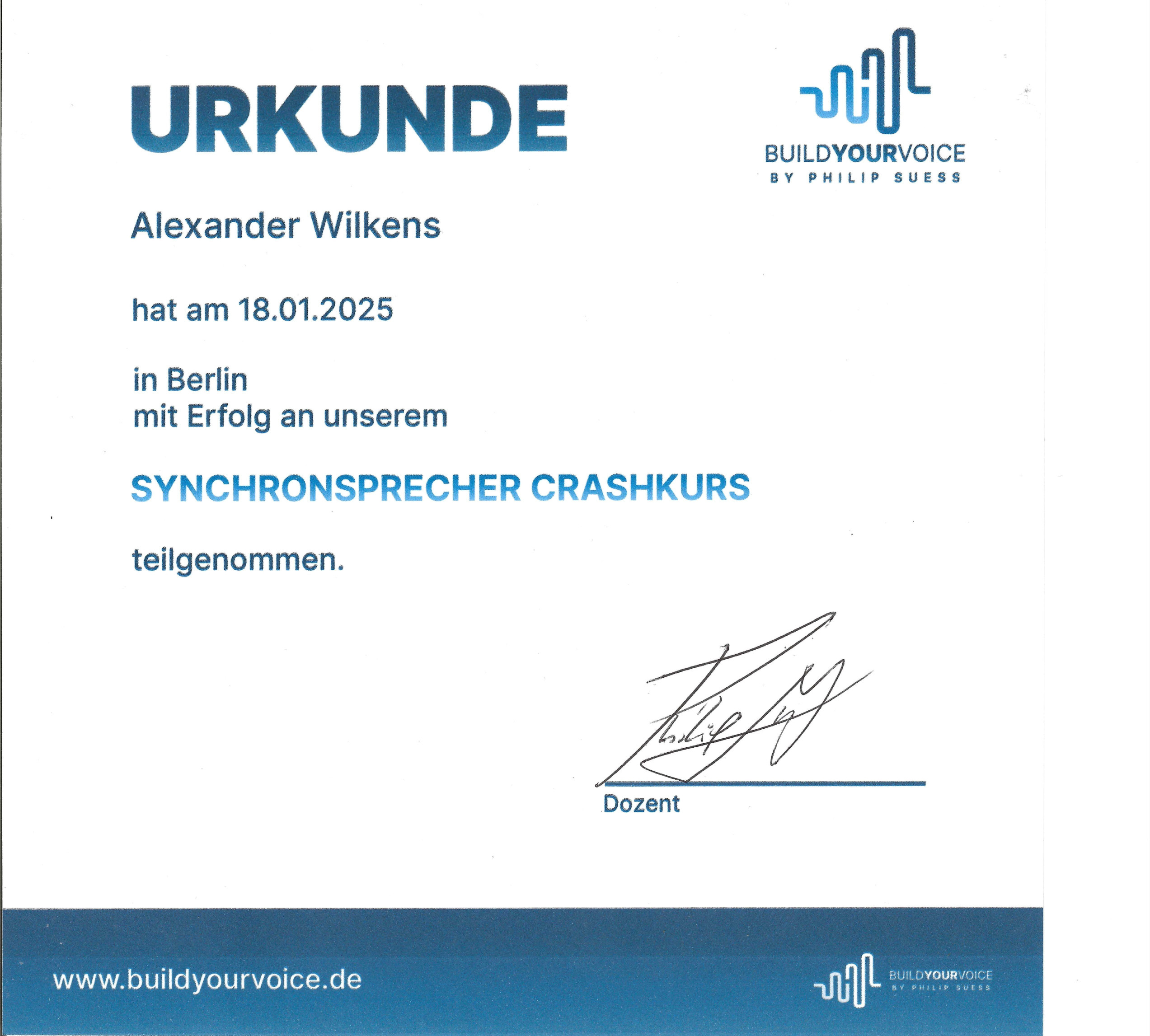 Synchronsprecher Crashkurs Zertifikat Alexander Wilkens